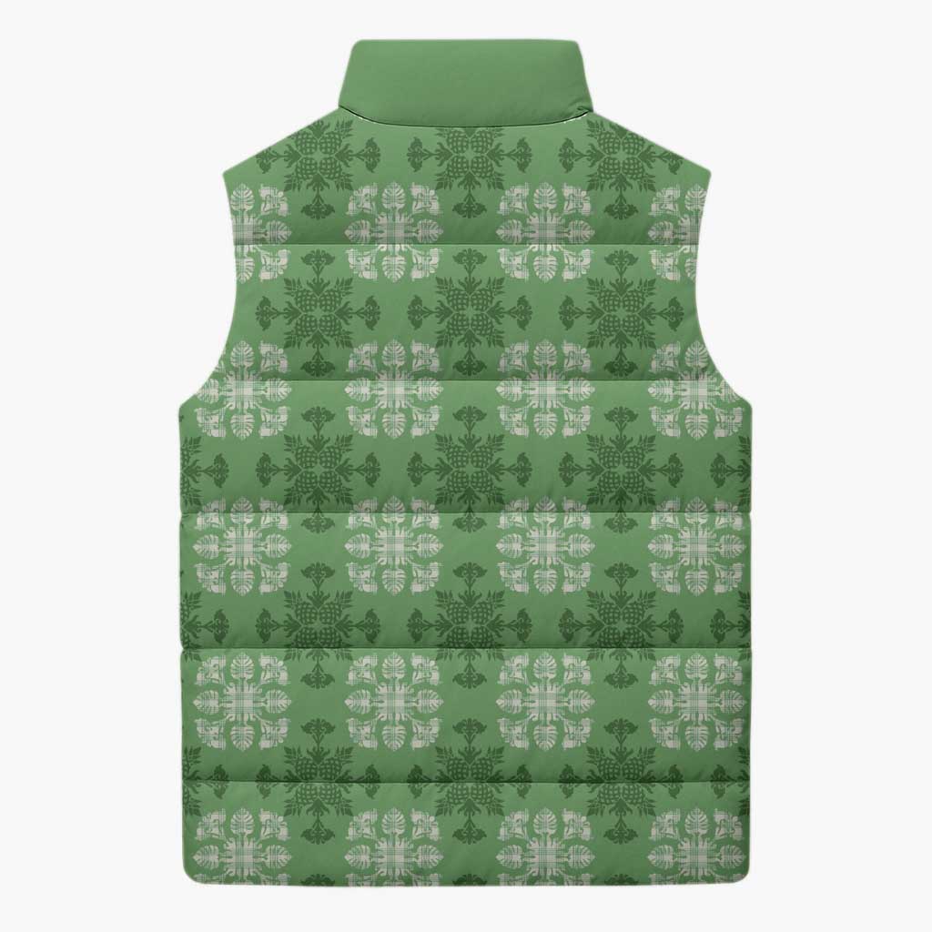 Green Hawaiian Quilt Sleeveless Puffer Jacket Hawaii Pineapple Monstera Palaka Motifs LT14 - Polynesian Pride