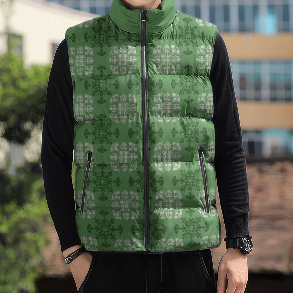 Green Hawaiian Quilt Sleeveless Puffer Jacket Hawaii Pineapple Monstera Palaka Motifs LT14 - Polynesian Pride