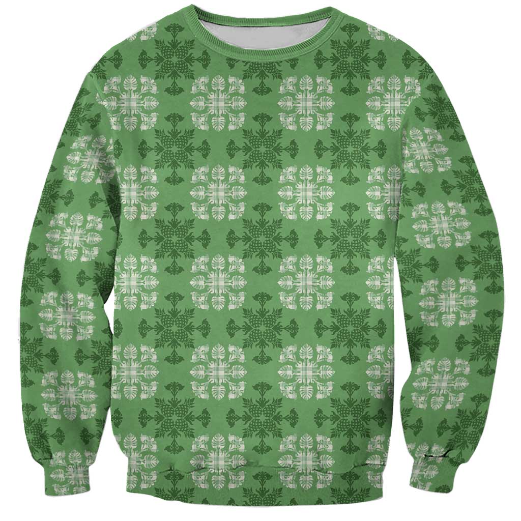 Green Hawaiian Quilt Sweatshirt Hawaii Pineapple Monstera Palaka Motifs LT14 Unisex Green - Polynesian Pride