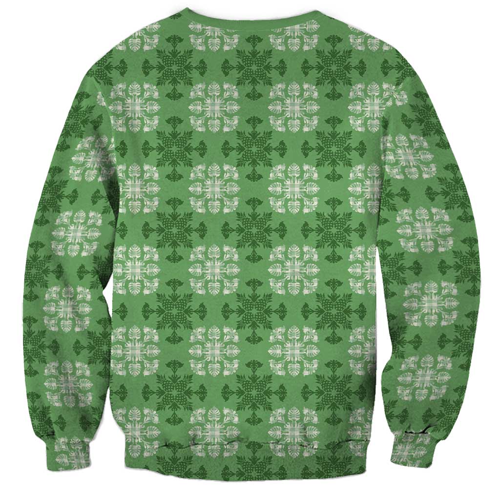 Green Hawaiian Quilt Sweatshirt Hawaii Pineapple Monstera Palaka Motifs LT14 - Polynesian Pride