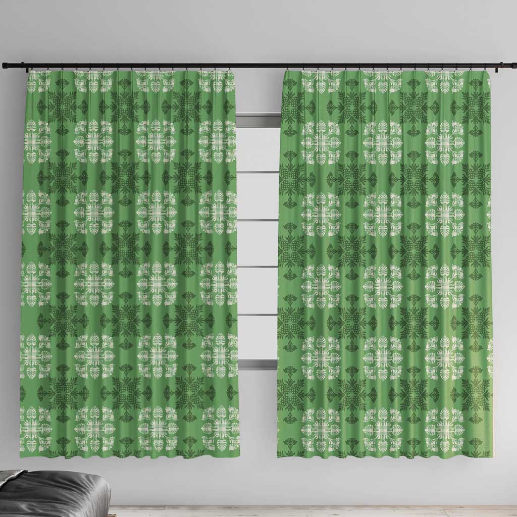 Green Hawaiian Quilt Window Curtain Hawaii Pineapple Monstera Palaka Motifs LT14 With Hooks Green - Polynesian Pride