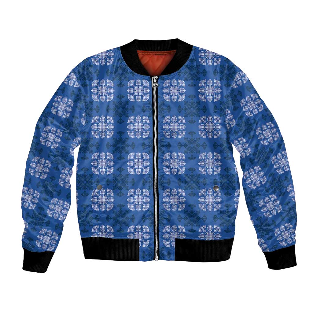 Royal Blue Hawaiian Quilt Bomber Jacket Hawaii Pineapple Monstera Palaka Motifs LT14 Unisex Royal Blue - Polynesian Pride