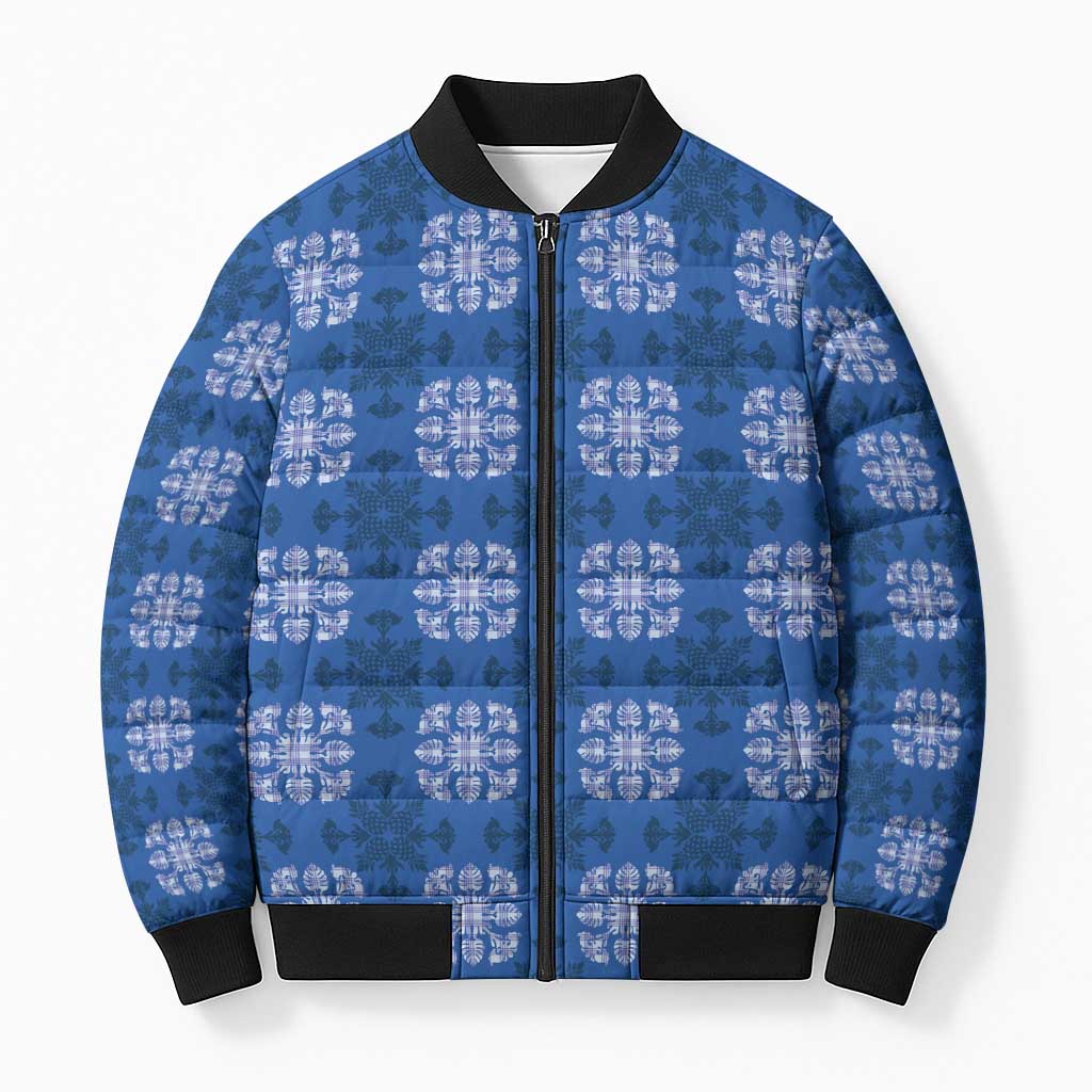 Royal Blue Hawaiian Quilt Bomber Puffer Jacket Hawaii Pineapple Monstera Palaka Motifs LT14 Unisex Royal Blue - Polynesian Pride