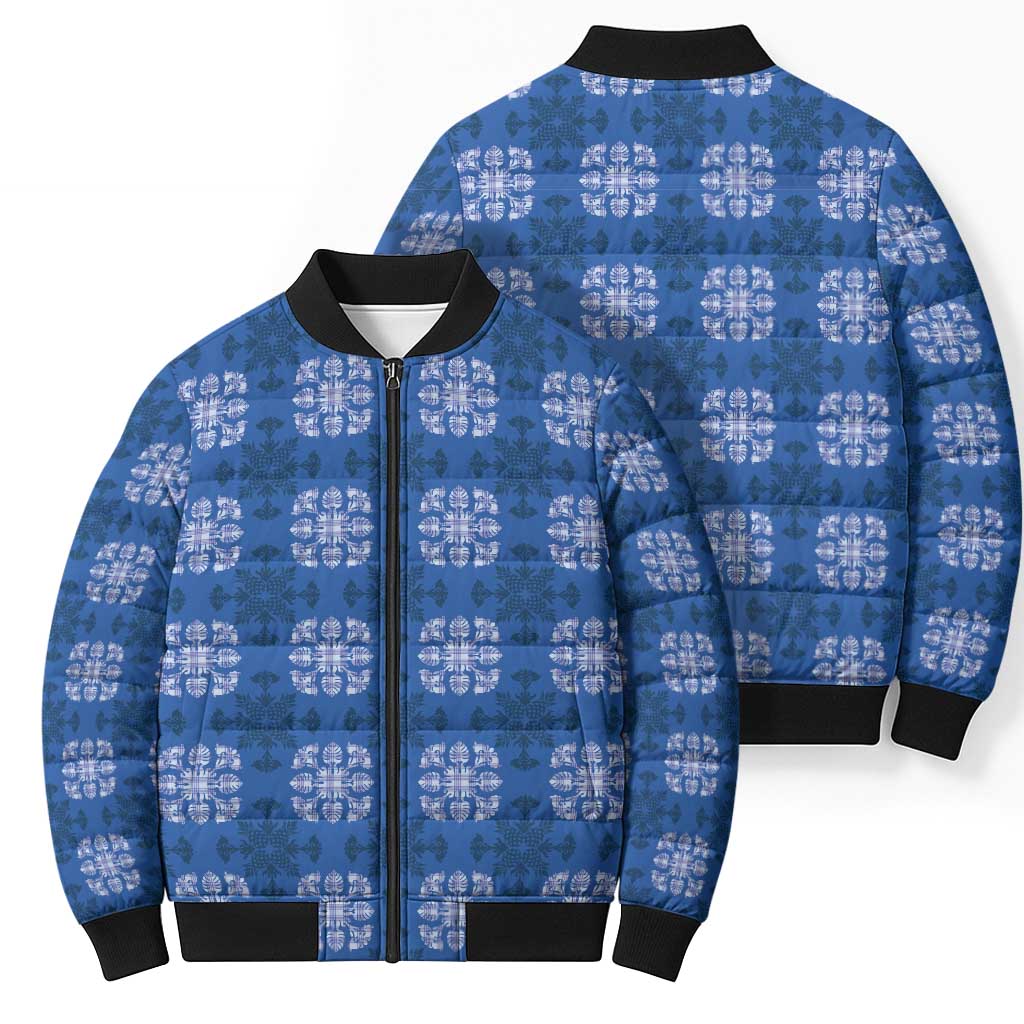 Royal Blue Hawaiian Quilt Bomber Puffer Jacket Hawaii Pineapple Monstera Palaka Motifs LT14 - Polynesian Pride