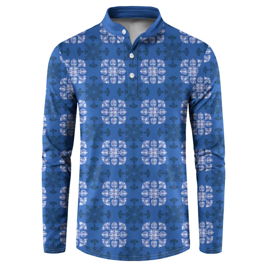 Royal Blue Hawaiian Quilt Button Sweatshirt Hawaii Pineapple Monstera Palaka Motifs LT14 Royal Blue - Polynesian Pride