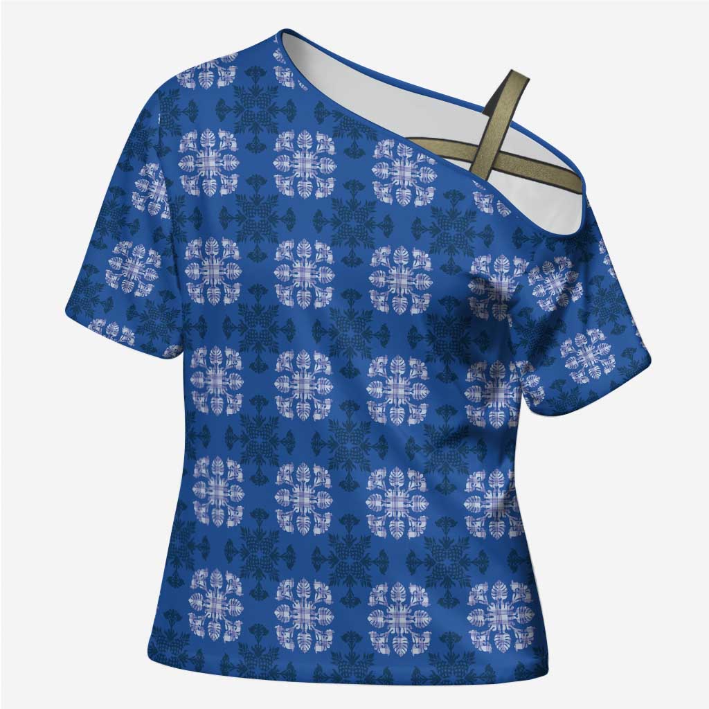 Royal Blue Hawaiian Quilt Cross Shoulder Shirt Hawaii Pineapple Monstera Palaka Motifs LT14 Female Royal Blue - Polynesian Pride