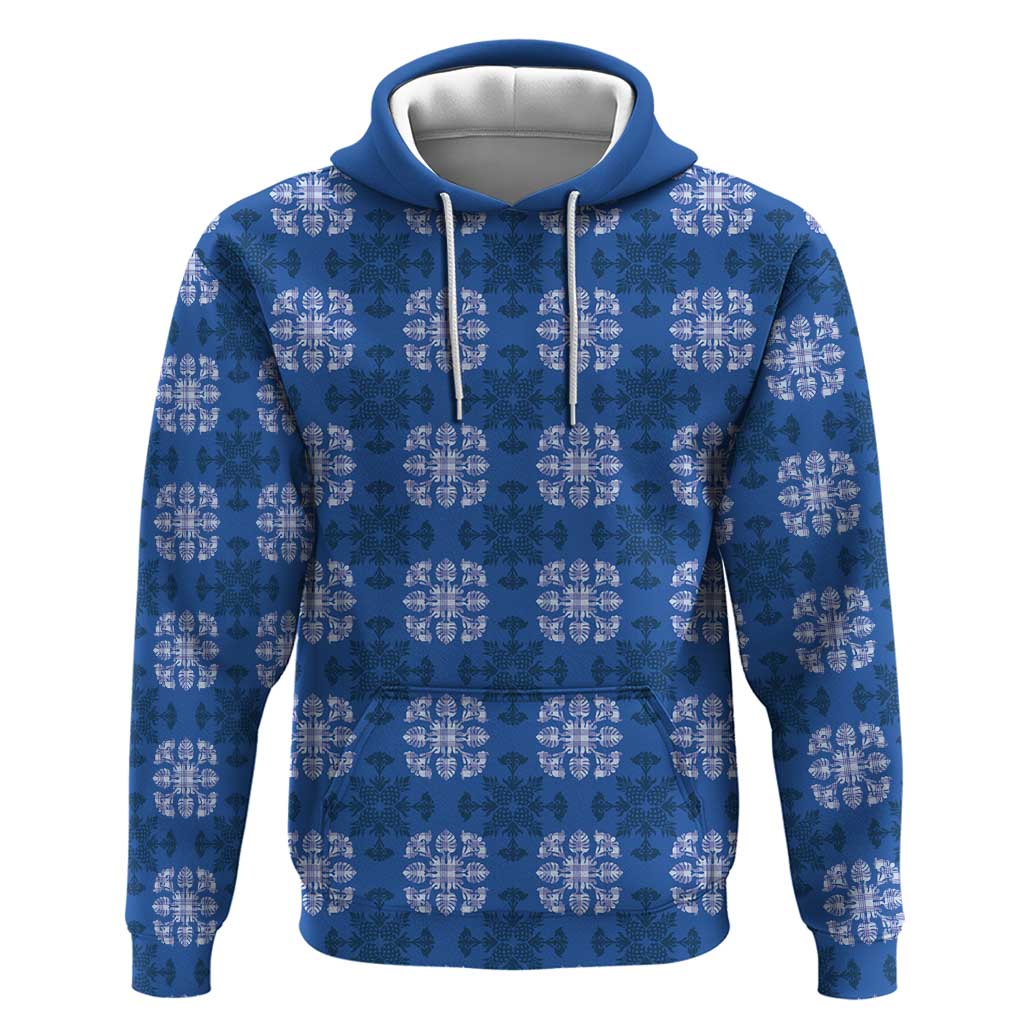 Royal Blue Hawaiian Quilt Hoodie Hawaii Pineapple Monstera Palaka Motifs LT14 Pullover Hoodie Royal Blue - Polynesian Pride