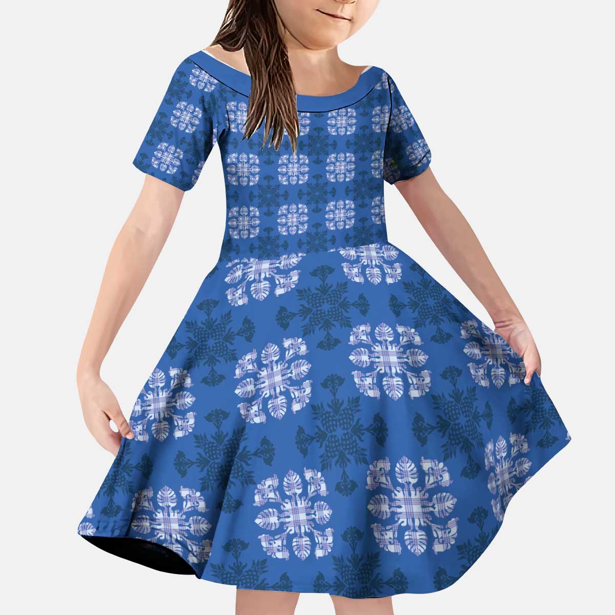 Royal Blue Hawaiian Quilt Kid Short Sleeve Dress Hawaii Pineapple Monstera Palaka Motifs LT14 KID Royal Blue - Polynesian Pride