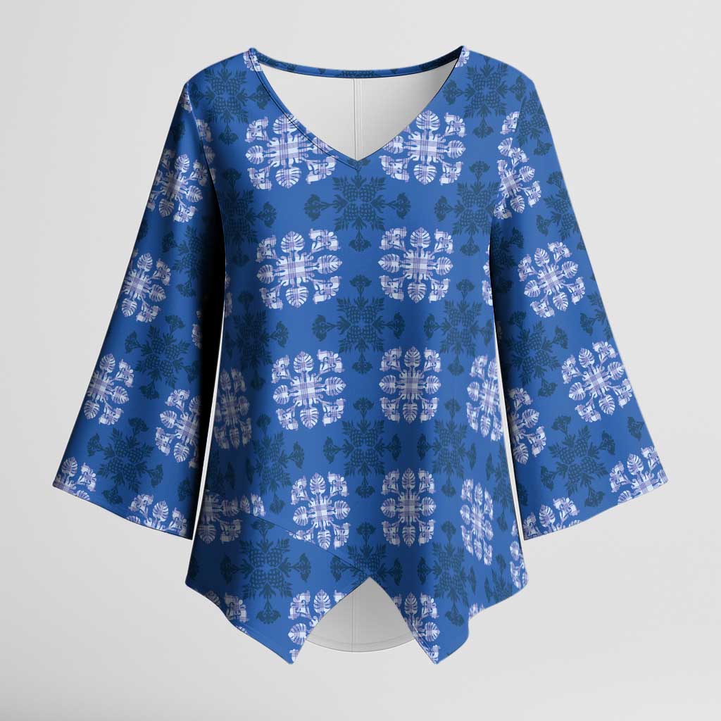 Royal Blue Hawaiian Quilt Kimono Sleeve Blouse Hawaii Pineapple Monstera Palaka Motifs LT14 Female Royal Blue - Polynesian Pride