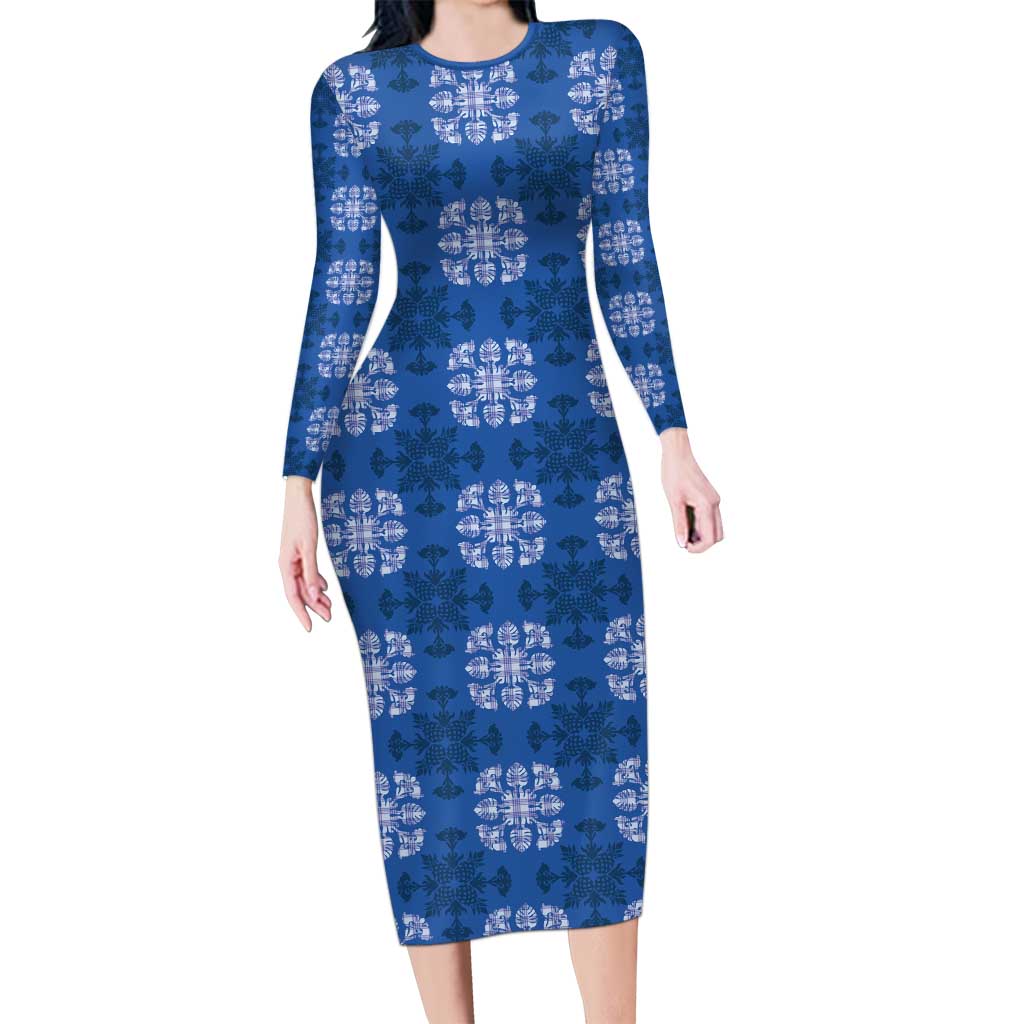 Royal Blue Hawaiian Quilt Long Sleeve Bodycon Dress Hawaii Pineapple Monstera Palaka Motifs LT14 Long Dress Royal Blue - Polynesian Pride