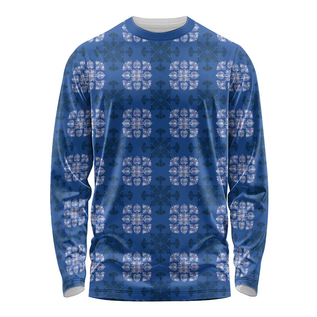 Royal Blue Hawaiian Quilt Long Sleeve Shirt Hawaii Pineapple Monstera Palaka Motifs LT14 Unisex Royal Blue - Polynesian Pride