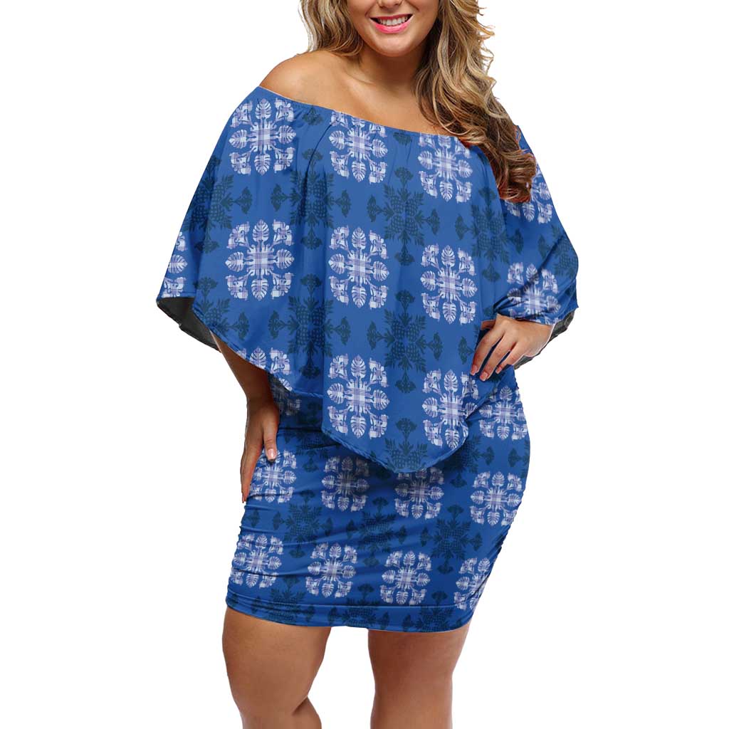Royal Blue Hawaiian Quilt Off Shoulder Short Dress Hawaii Pineapple Monstera Palaka Motifs LT14 Women Royal Blue - Polynesian Pride