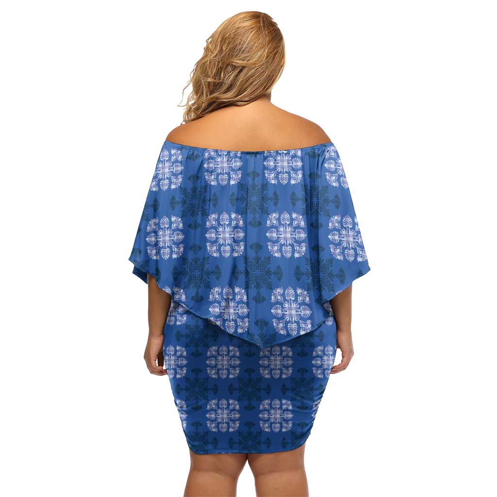 Royal Blue Hawaiian Quilt Off Shoulder Short Dress Hawaii Pineapple Monstera Palaka Motifs LT14 - Polynesian Pride