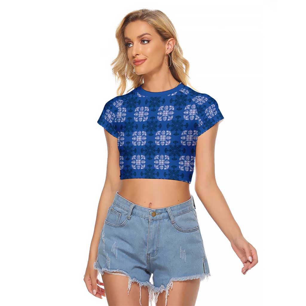 Royal Blue Hawaiian Quilt Raglan Cropped T Shirt Hawaii Pineapple Monstera Palaka Motifs LT14 Female Royal Blue - Polynesian Pride
