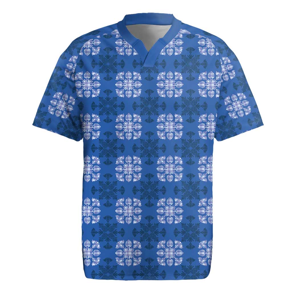 Royal Blue Hawaiian Quilt Rugby Jersey Hawaii Pineapple Monstera Palaka Motifs LT14 Royal Blue - Polynesian Pride
