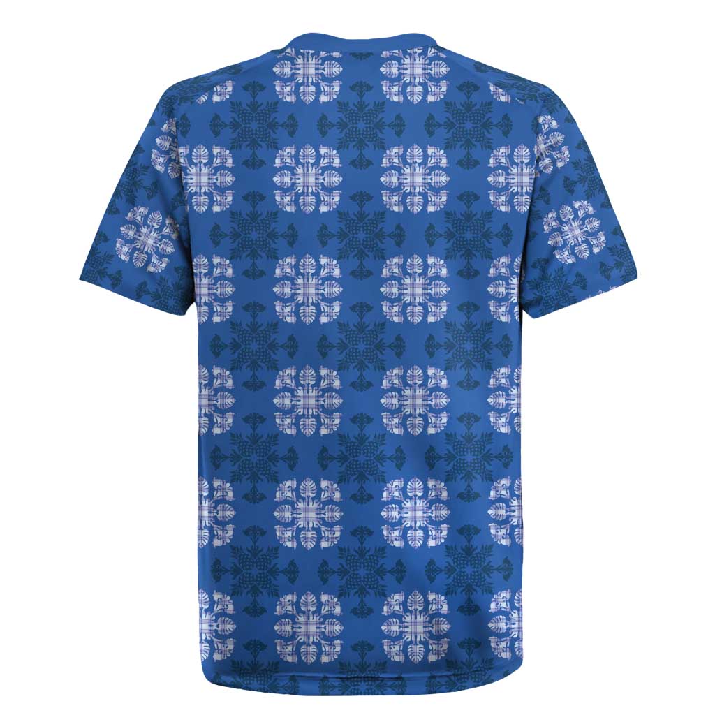 Royal Blue Hawaiian Quilt Rugby Jersey Hawaii Pineapple Monstera Palaka Motifs LT14 - Polynesian Pride
