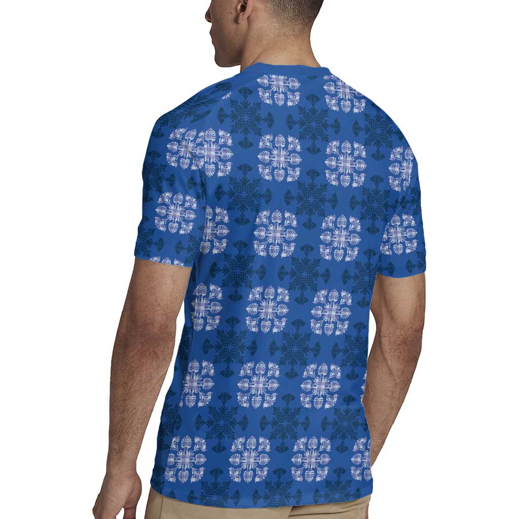 Royal Blue Hawaiian Quilt Rugby Jersey Hawaii Pineapple Monstera Palaka Motifs LT14 - Polynesian Pride