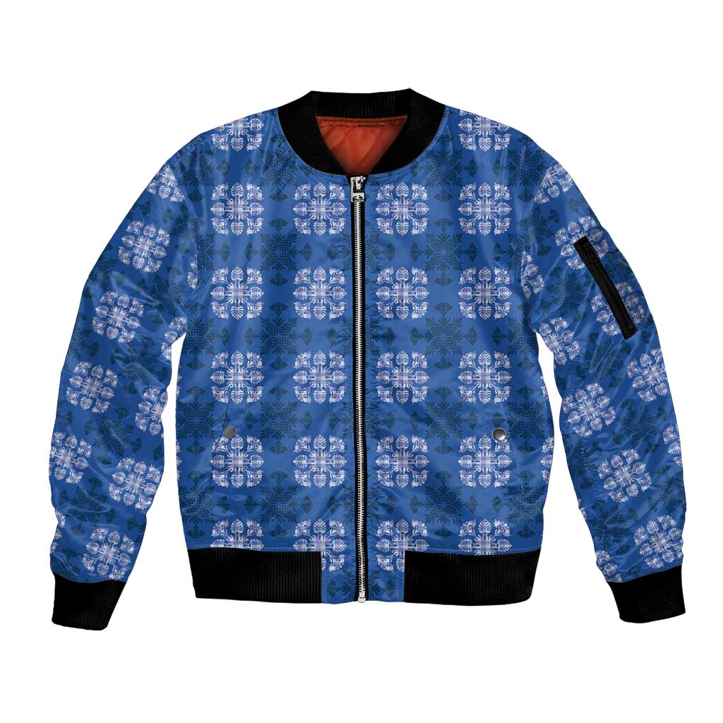 Royal Blue Hawaiian Quilt Sleeve Zip Bomber Jacket Hawaii Pineapple Monstera Palaka Motifs LT14 Unisex Royal Blue - Polynesian Pride