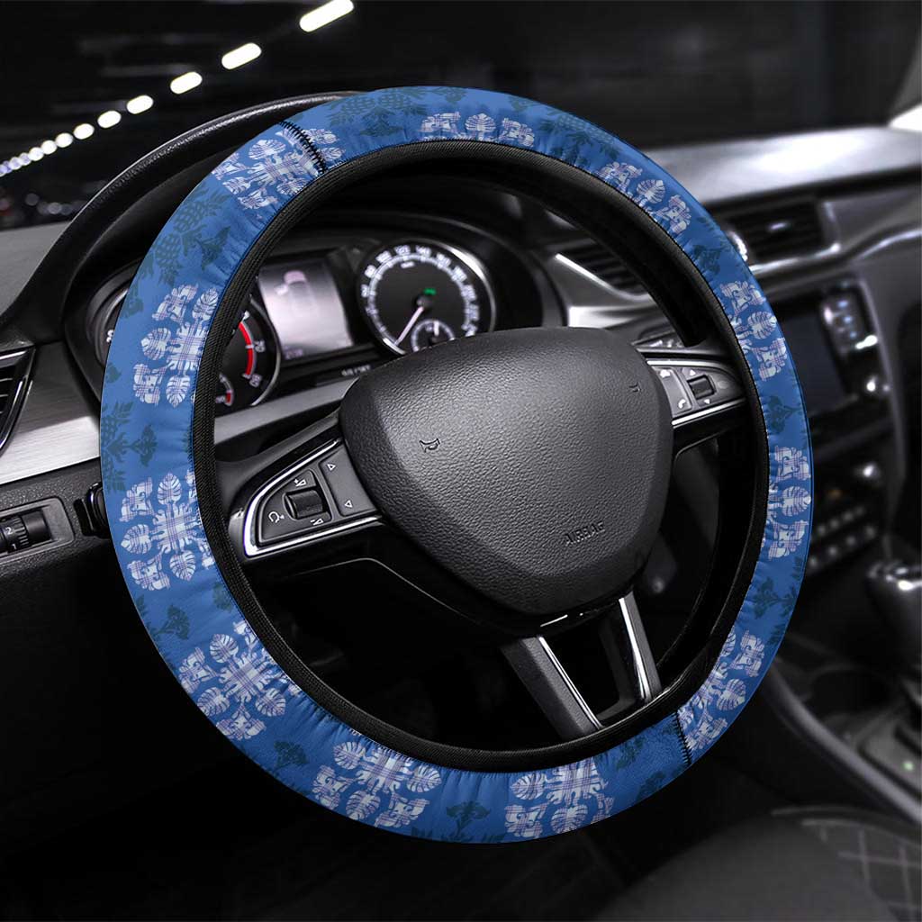 Royal Blue Hawaiian Quilt Steering Wheel Cover Hawaii Pineapple Monstera Palaka Motifs LT14 Universal Fit Royal Blue - Polynesian Pride