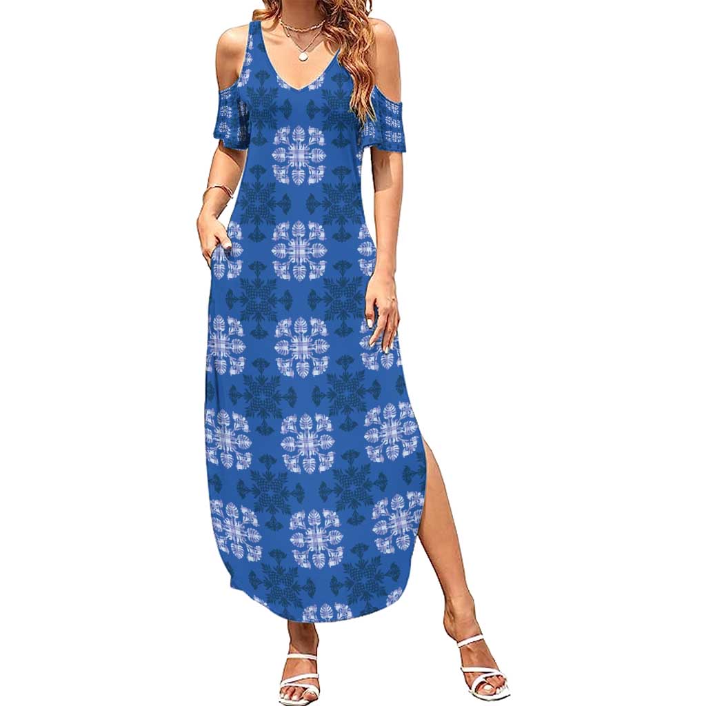 Royal Blue Hawaiian Quilt Summer Maxi Dress Hawaii Pineapple Monstera Palaka Motifs LT14 Women Royal Blue - Polynesian Pride