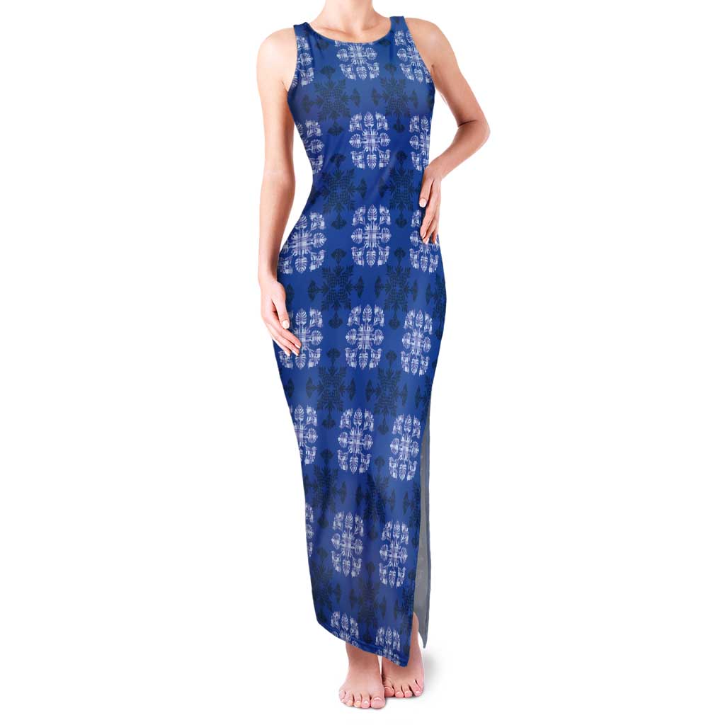 Royal Blue Hawaiian Quilt Tank Maxi Dress Hawaii Pineapple Monstera Palaka Motifs LT14 Women Royal Blue - Polynesian Pride
