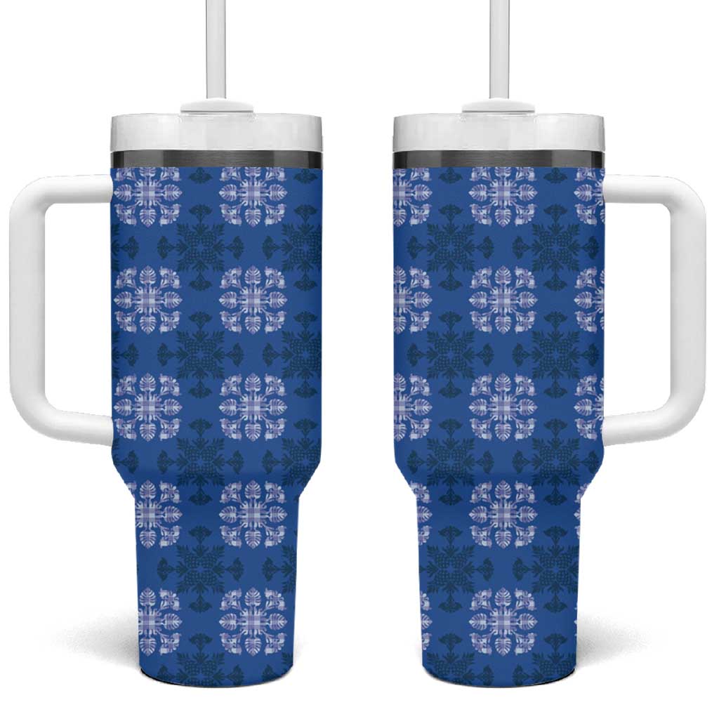 Royal Blue Hawaiian Quilt Tumbler With Handle Hawaii Pineapple Monstera Palaka Motifs LT14 One Size: 40 oz Royal Blue - Polynesian Pride