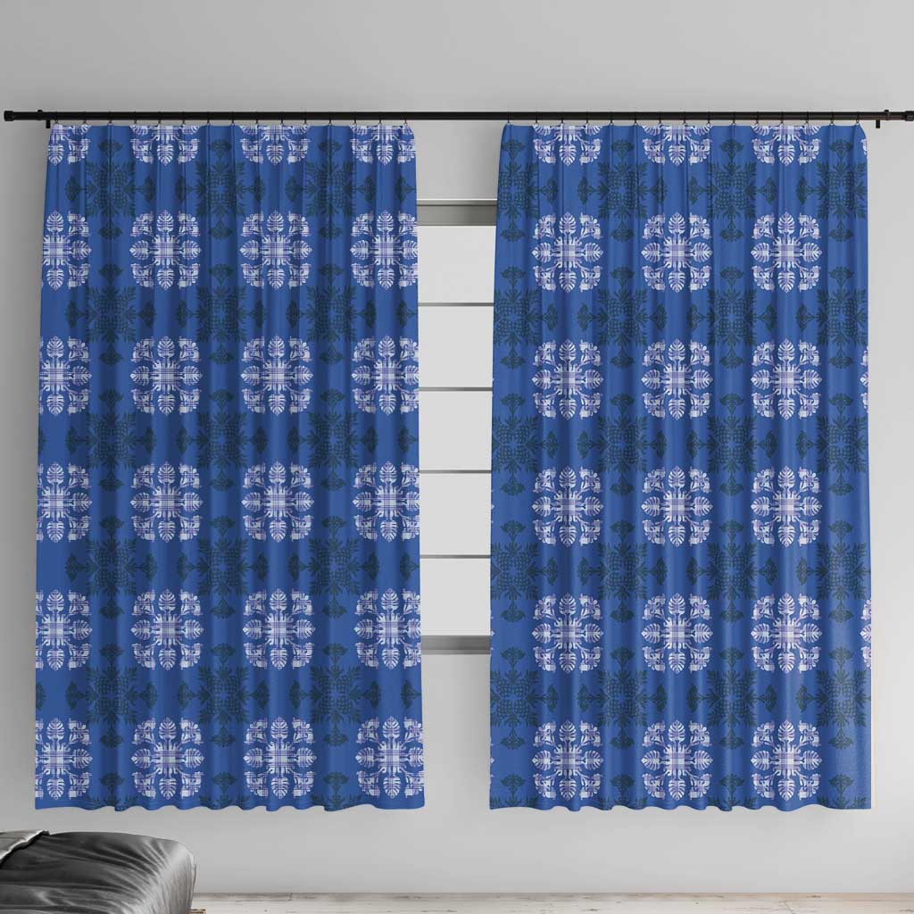 Royal Blue Hawaiian Quilt Window Curtain Hawaii Pineapple Monstera Palaka Motifs LT14 With Hooks Royal Blue - Polynesian Pride