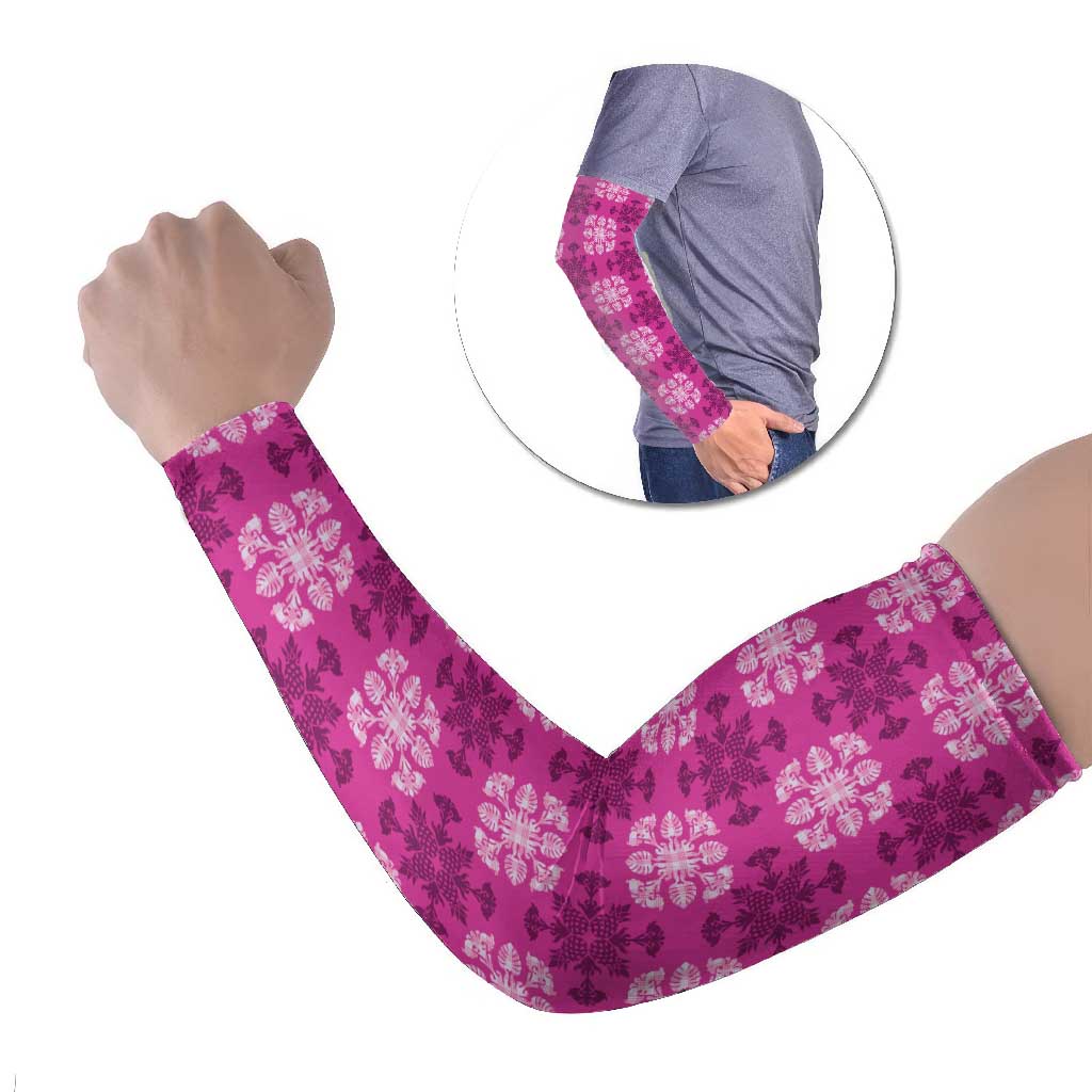 Pink Hawaiian Quilt Arm Sleeves Hawaii Pineapple Monstera Palaka Motifs LT14 Set of 2 Pink - Polynesian Pride