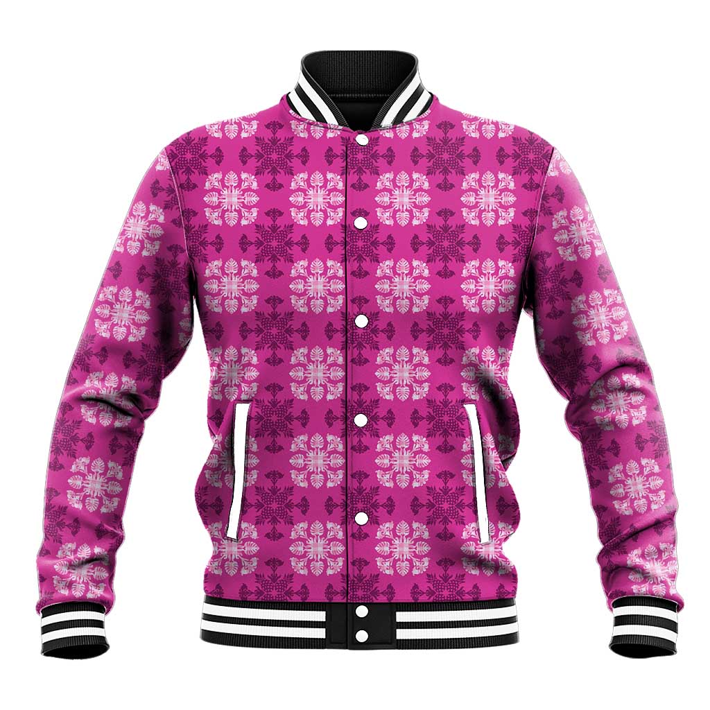 Pink Hawaiian Quilt Baseball Jacket Hawaii Pineapple Monstera Palaka Motifs LT14 Unisex Pink - Polynesian Pride