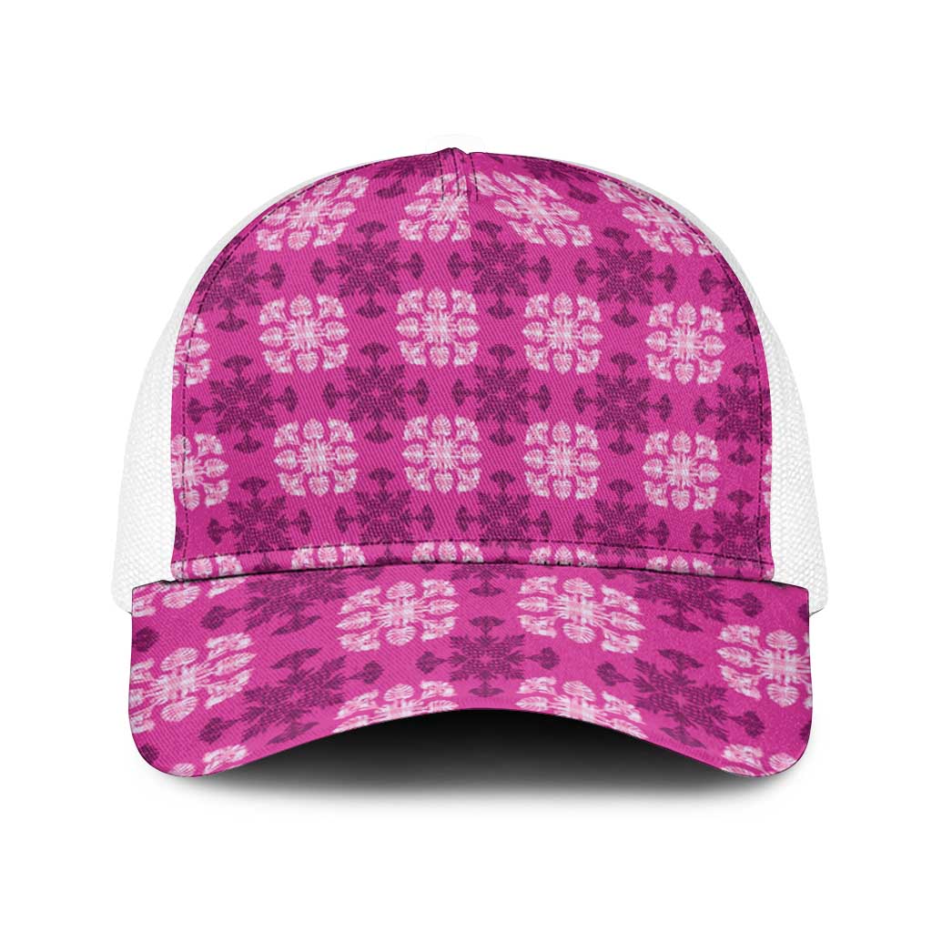 Pink Hawaiian Quilt Baseball Net Cap Hawaii Pineapple Monstera Palaka Motifs LT14 One Size White Pink - Polynesian Pride