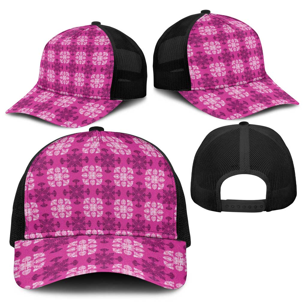 Pink Hawaiian Quilt Baseball Net Cap Hawaii Pineapple Monstera Palaka Motifs LT14 - Polynesian Pride