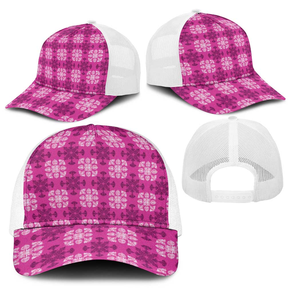Pink Hawaiian Quilt Baseball Net Cap Hawaii Pineapple Monstera Palaka Motifs LT14 - Polynesian Pride