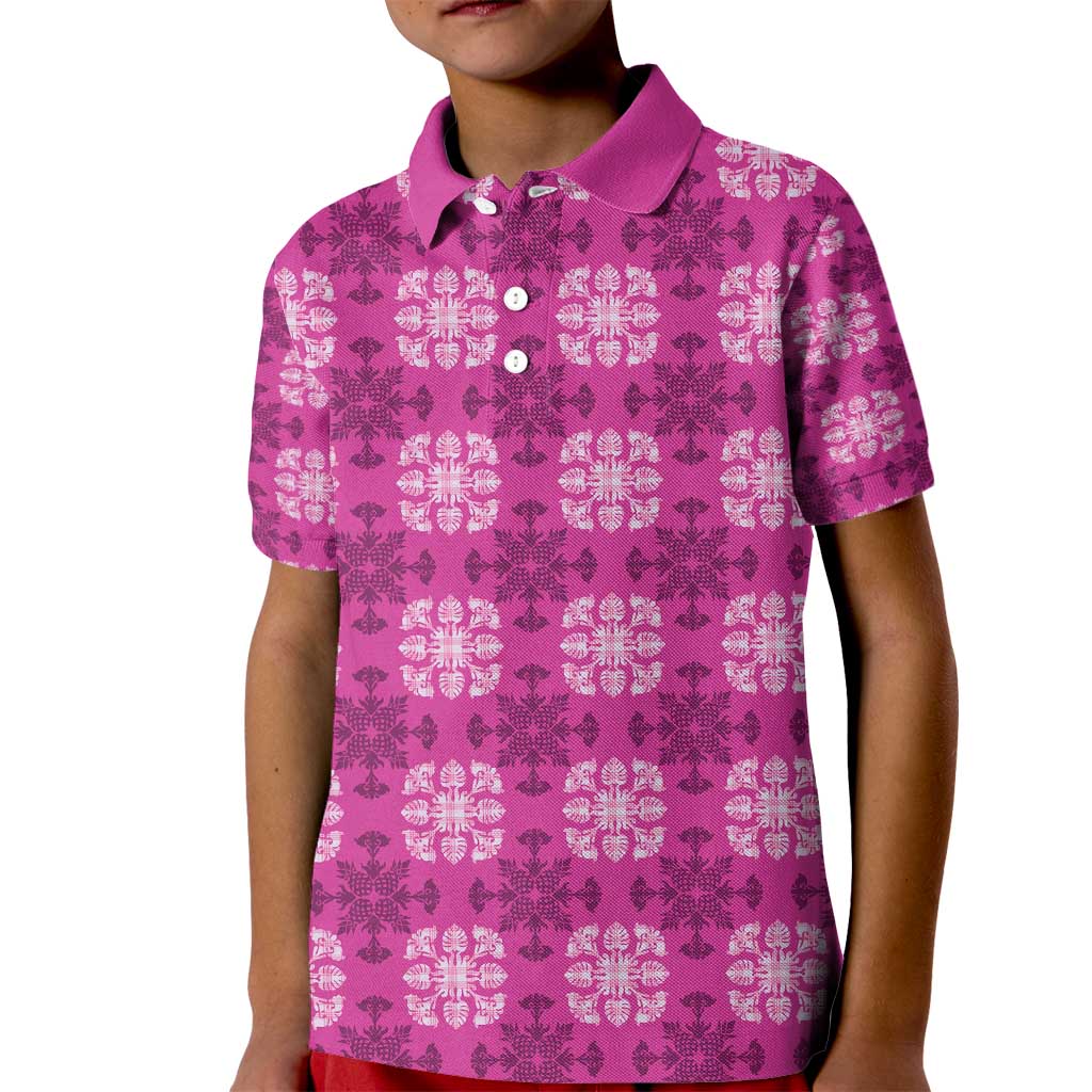 Pink Hawaiian Quilt Kid Polo Shirt Hawaii Pineapple Monstera Palaka Motifs LT14 Kid Pink - Polynesian Pride