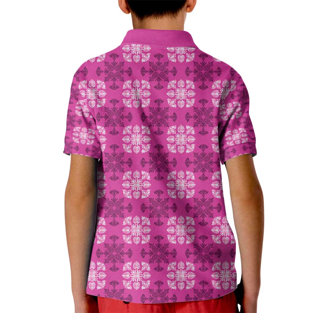 Pink Hawaiian Quilt Kid Polo Shirt Hawaii Pineapple Monstera Palaka Motifs LT14 - Polynesian Pride