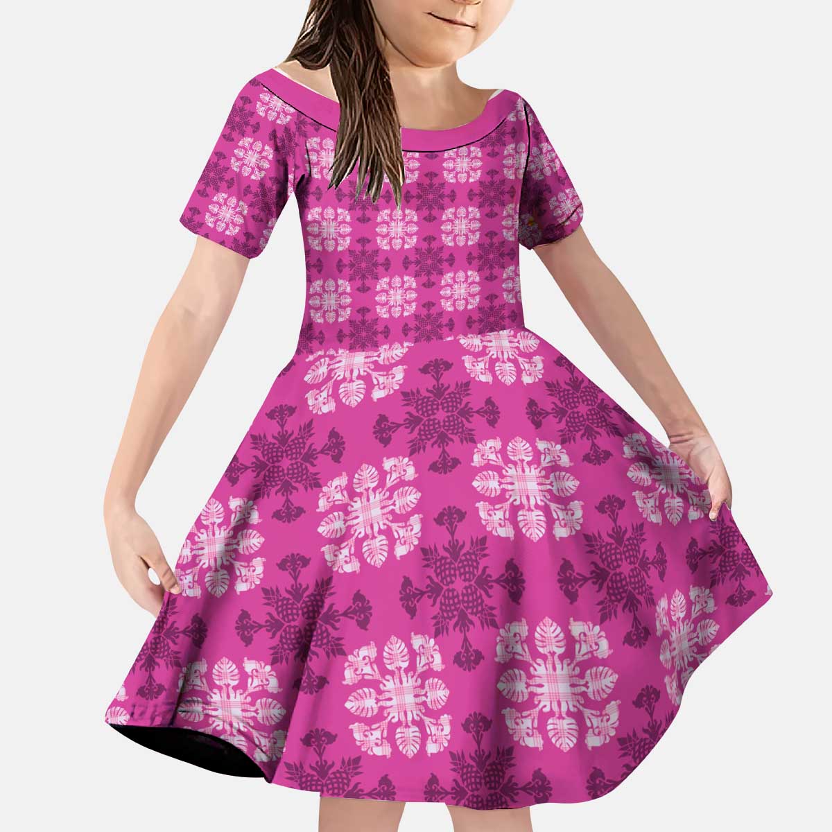 Pink Hawaiian Quilt Kid Short Sleeve Dress Hawaii Pineapple Monstera Palaka Motifs LT14 KID Pink - Polynesian Pride
