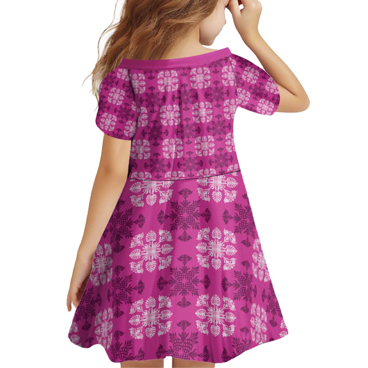 Pink Hawaiian Quilt Kid Short Sleeve Dress Hawaii Pineapple Monstera Palaka Motifs LT14 - Polynesian Pride