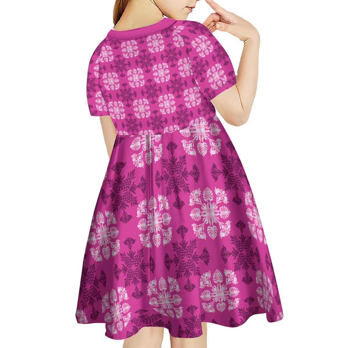 Pink Hawaiian Quilt Kid Short Sleeve Dress Hawaii Pineapple Monstera Palaka Motifs LT14 - Polynesian Pride