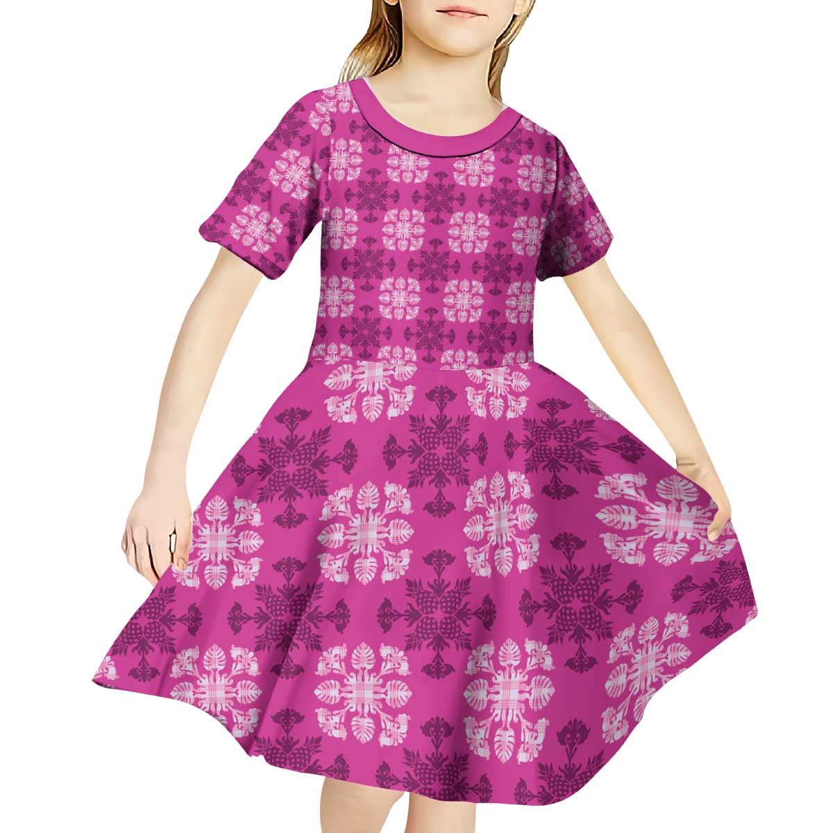 Pink Hawaiian Quilt Kid Short Sleeve Dress Hawaii Pineapple Monstera Palaka Motifs LT14 - Polynesian Pride