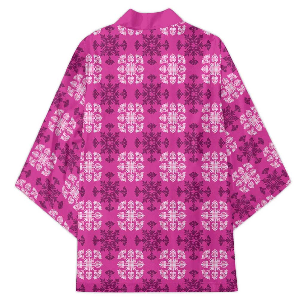 Pink Hawaiian Quilt Kimono Hawaii Pineapple Monstera Palaka Motifs LT14 - Polynesian Pride