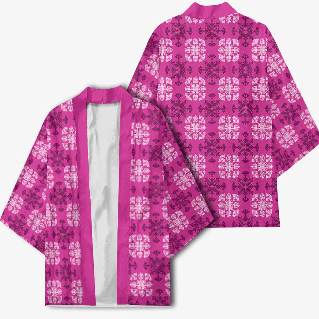 Pink Hawaiian Quilt Kimono Hawaii Pineapple Monstera Palaka Motifs LT14 - Polynesian Pride