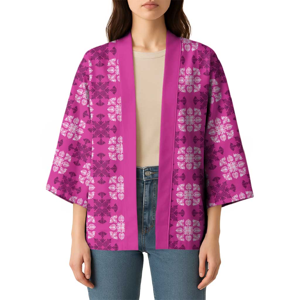 Pink Hawaiian Quilt Kimono Hawaii Pineapple Monstera Palaka Motifs LT14 - Polynesian Pride