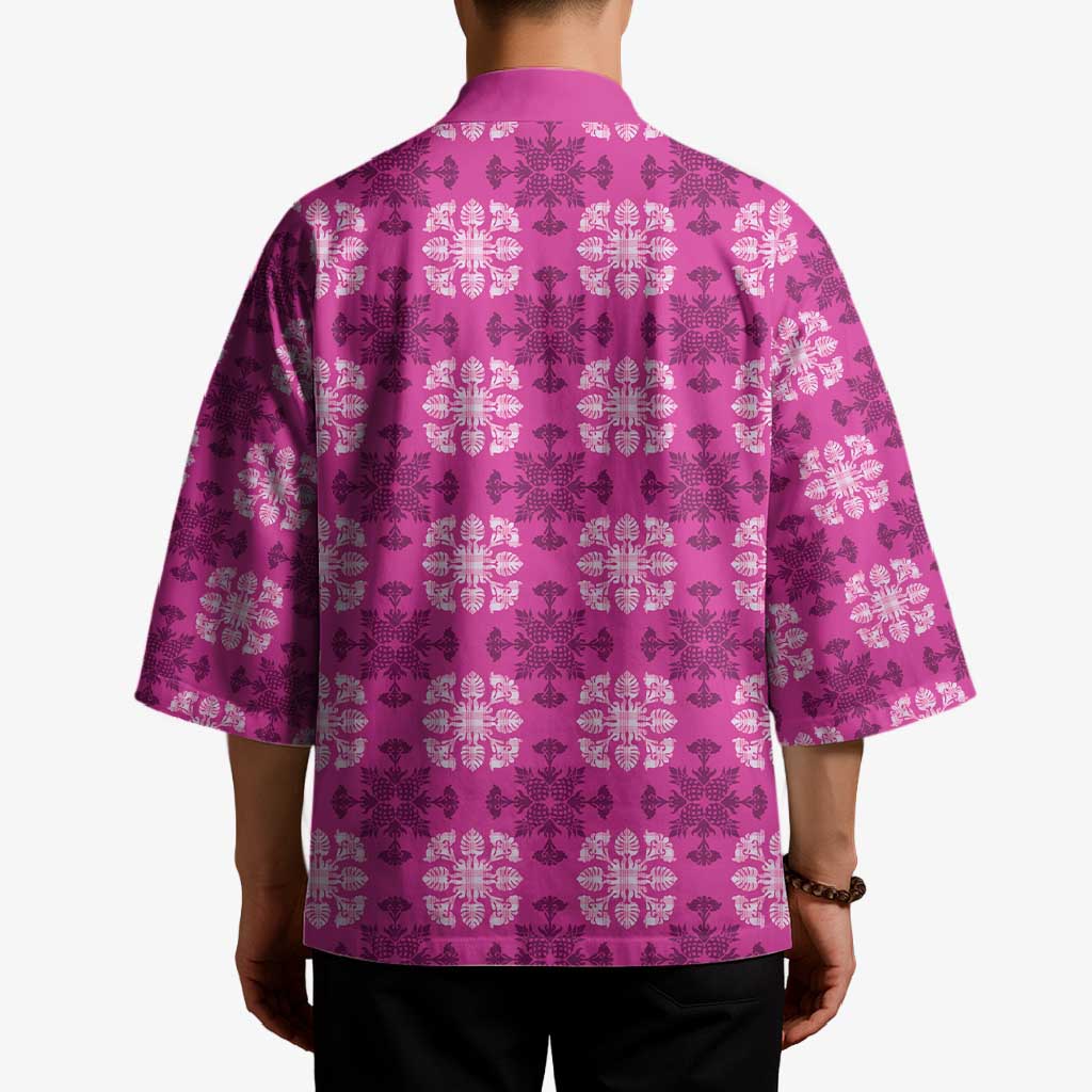 Pink Hawaiian Quilt Kimono Hawaii Pineapple Monstera Palaka Motifs LT14 - Polynesian Pride