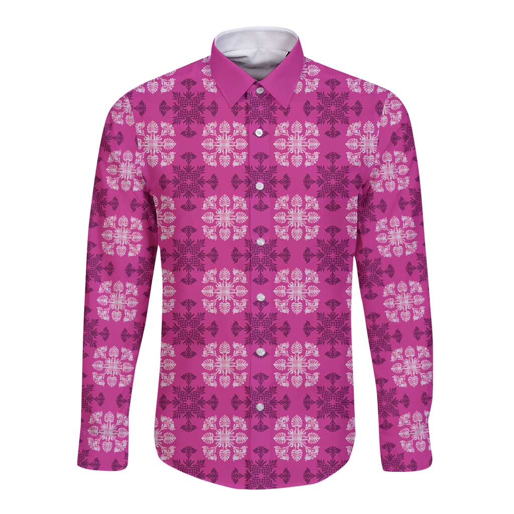 Pink Hawaiian Quilt Long Sleeve Button Shirt Hawaii Pineapple Monstera Palaka Motifs LT14 Unisex Pink - Polynesian Pride