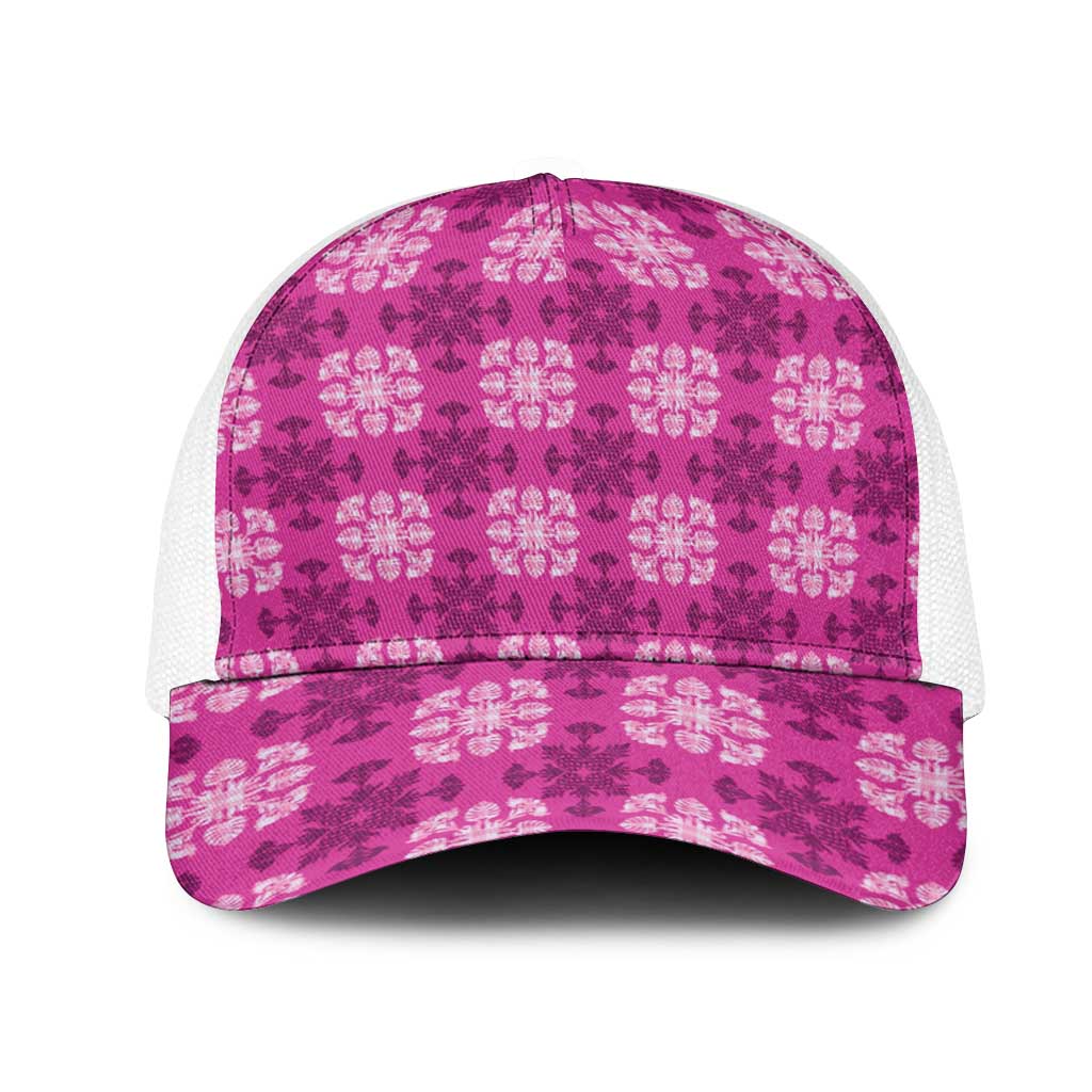 Pink Hawaiian Quilt Mesh Trucker Cap Hawaii Pineapple Monstera Palaka Motifs LT14 One Size White Pink - Polynesian Pride