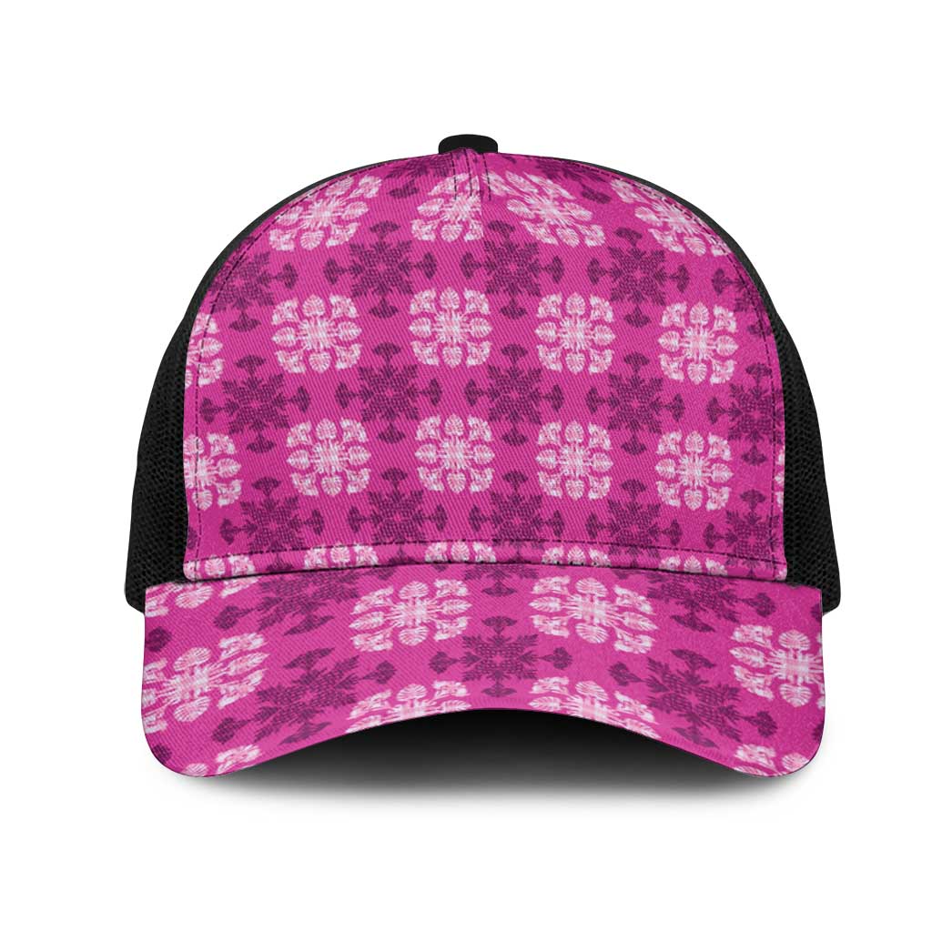 Pink Hawaiian Quilt Mesh Trucker Cap Hawaii Pineapple Monstera Palaka Motifs LT14 One Size Black Pink - Polynesian Pride
