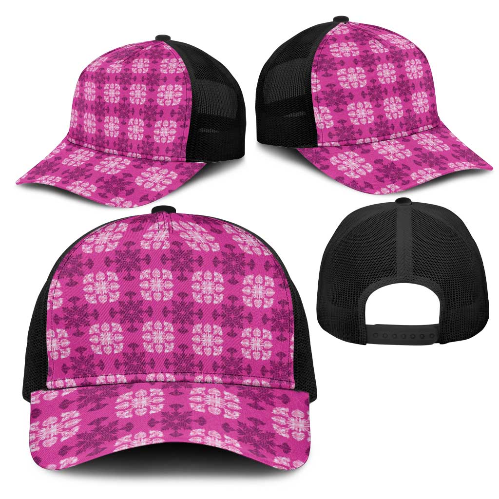 Pink Hawaiian Quilt Mesh Trucker Cap Hawaii Pineapple Monstera Palaka Motifs LT14 - Polynesian Pride