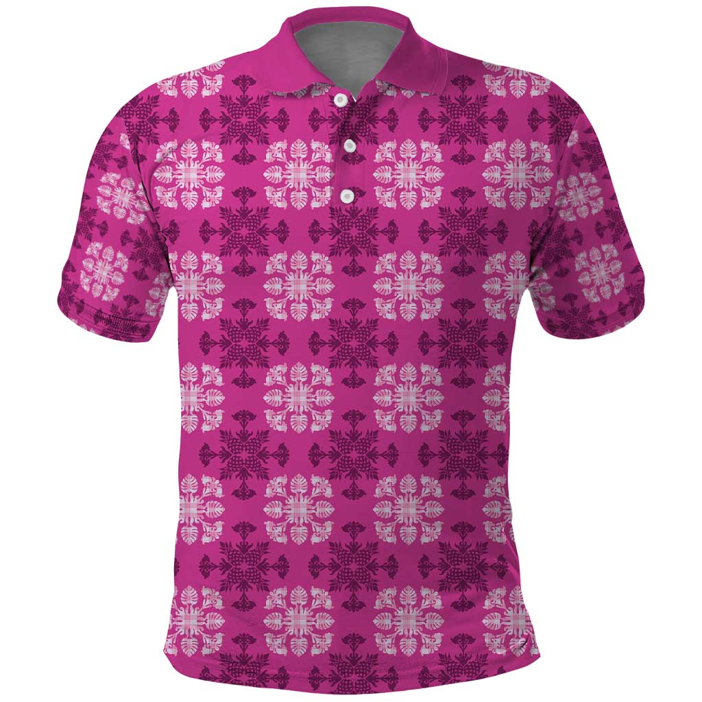 Pink Hawaiian Quilt Polo Shirt Hawaii Pineapple Monstera Palaka Motifs LT14 Pink - Polynesian Pride