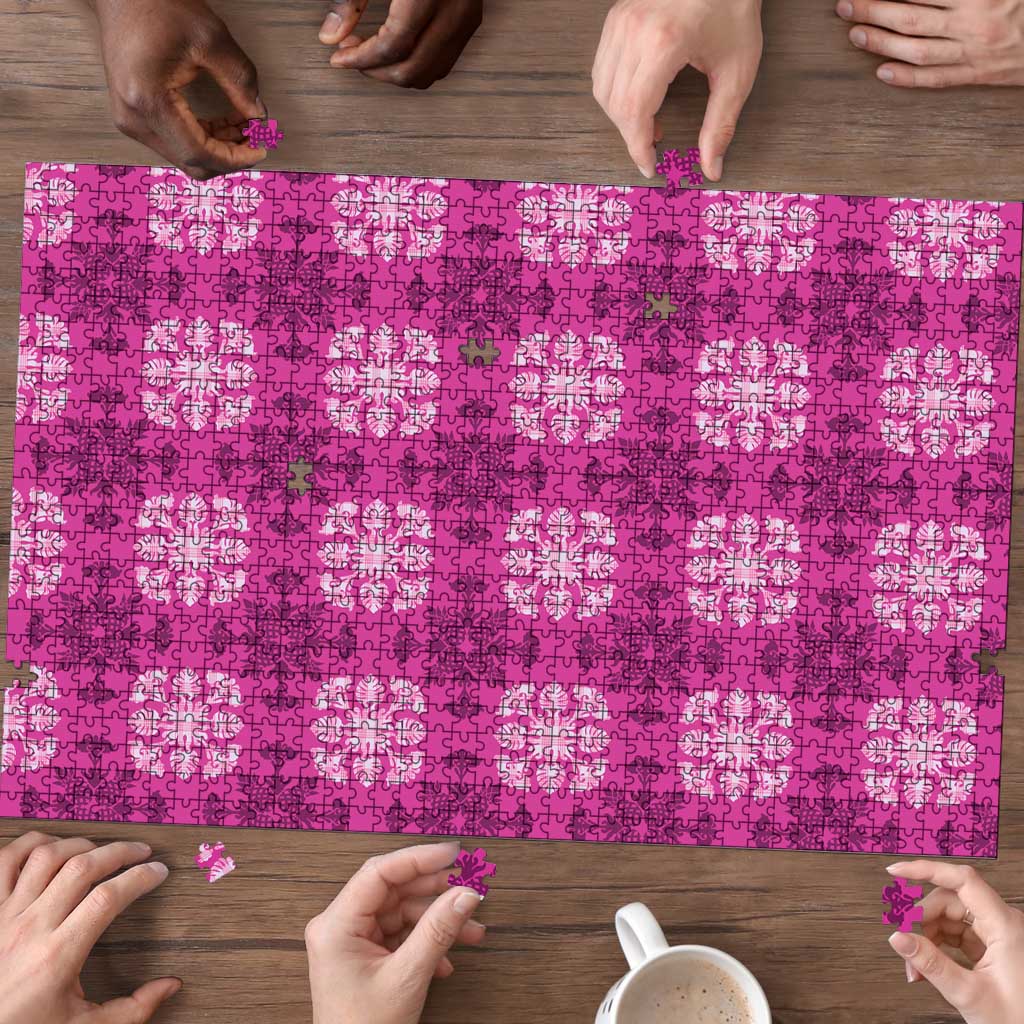 Pink Hawaiian Quilt Puzzle Hawaii Pineapple Monstera Palaka Motifs LT14 - Polynesian Pride