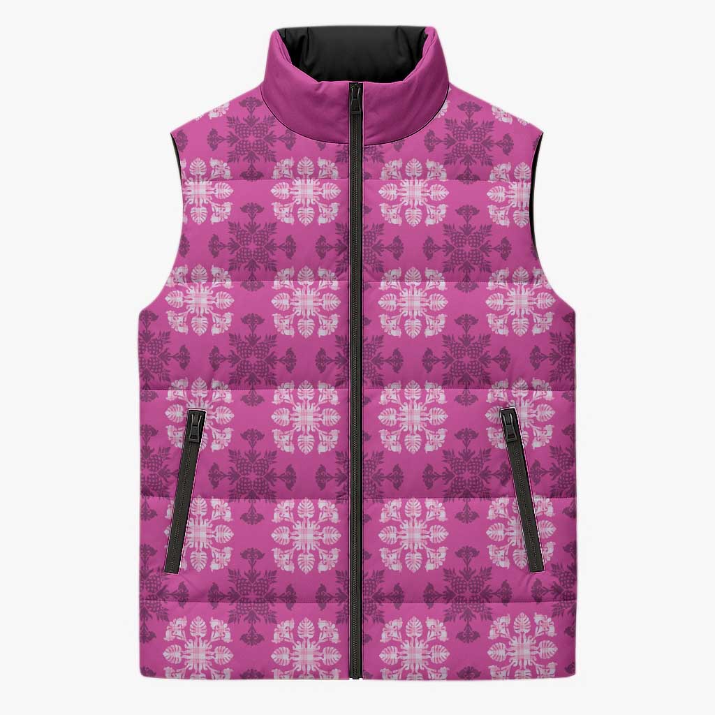 Pink Hawaiian Quilt Sleeveless Puffer Jacket Hawaii Pineapple Monstera Palaka Motifs LT14 Unisex Pink - Polynesian Pride