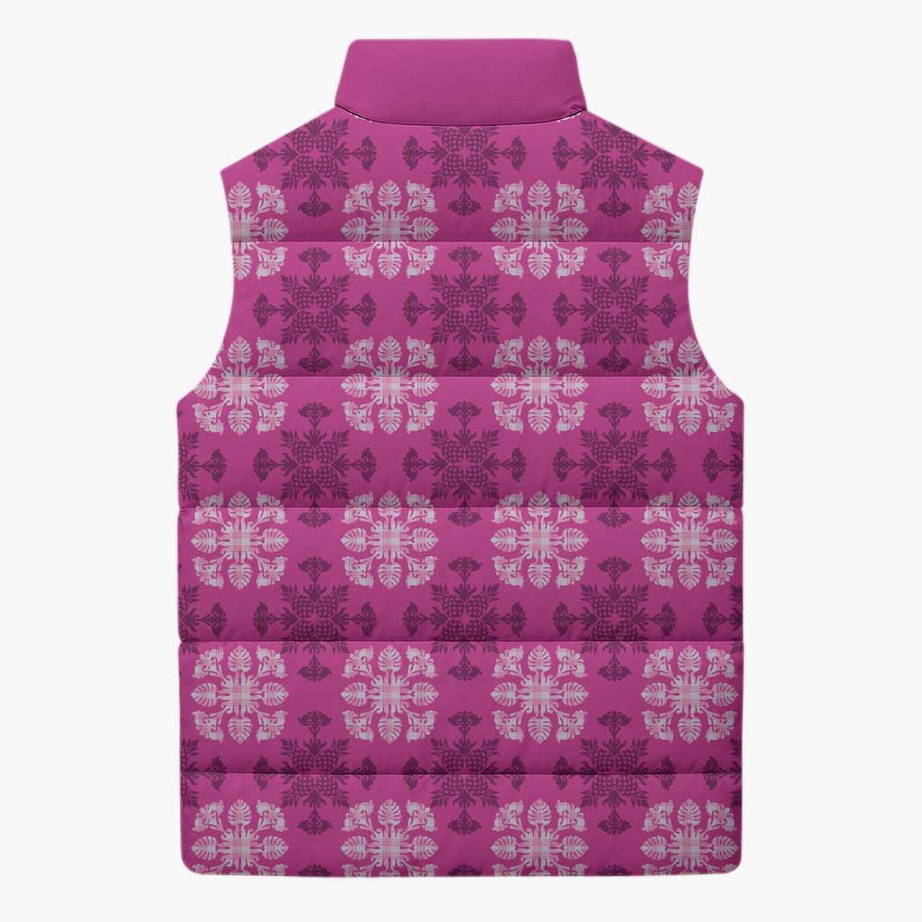 Pink Hawaiian Quilt Sleeveless Puffer Jacket Hawaii Pineapple Monstera Palaka Motifs LT14 - Polynesian Pride